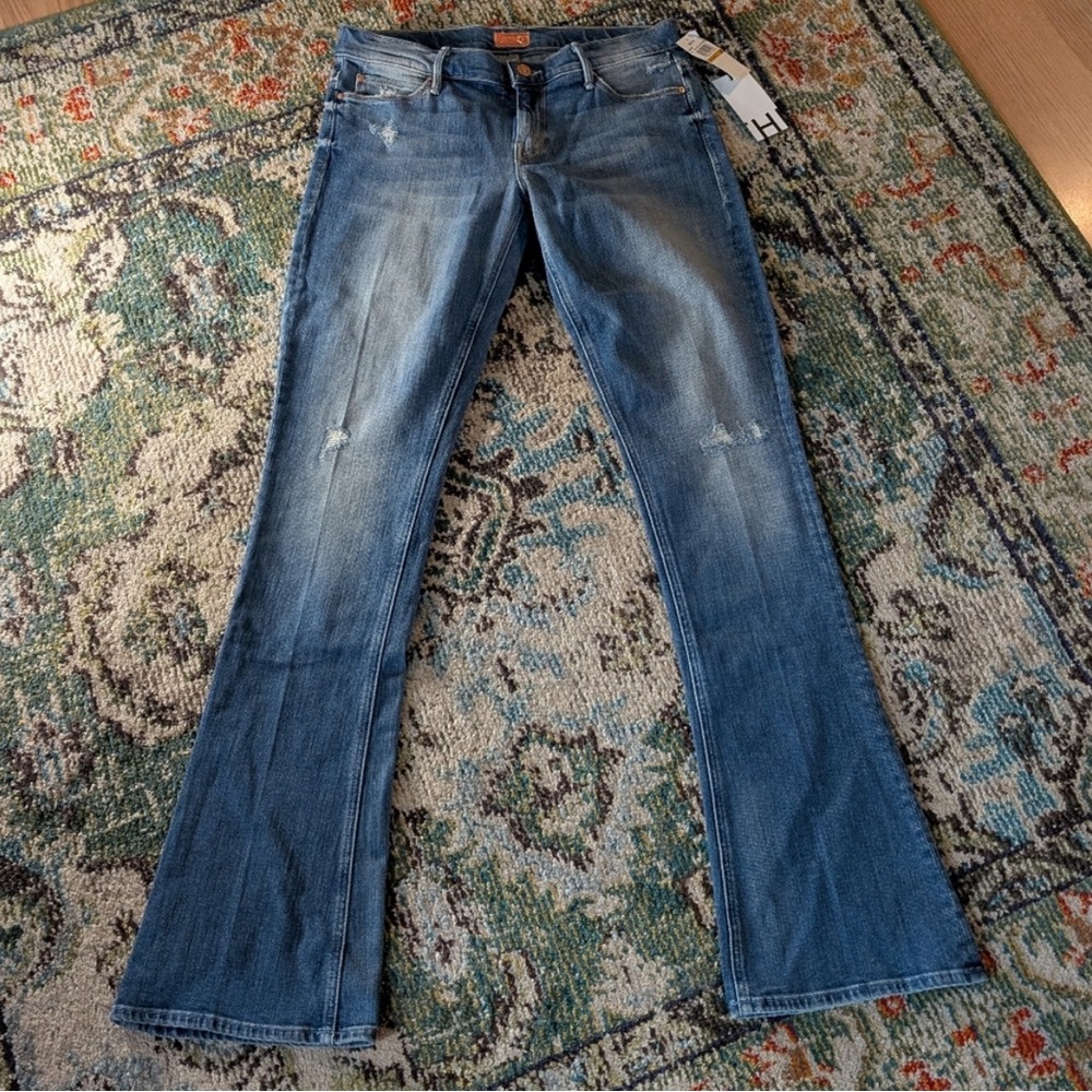 MOTHER Blue Flare Wide Leg Jeans with Vintage Fading